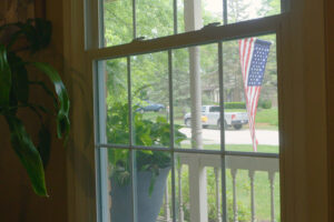 Looking out of a window into a suburban neighborhood.